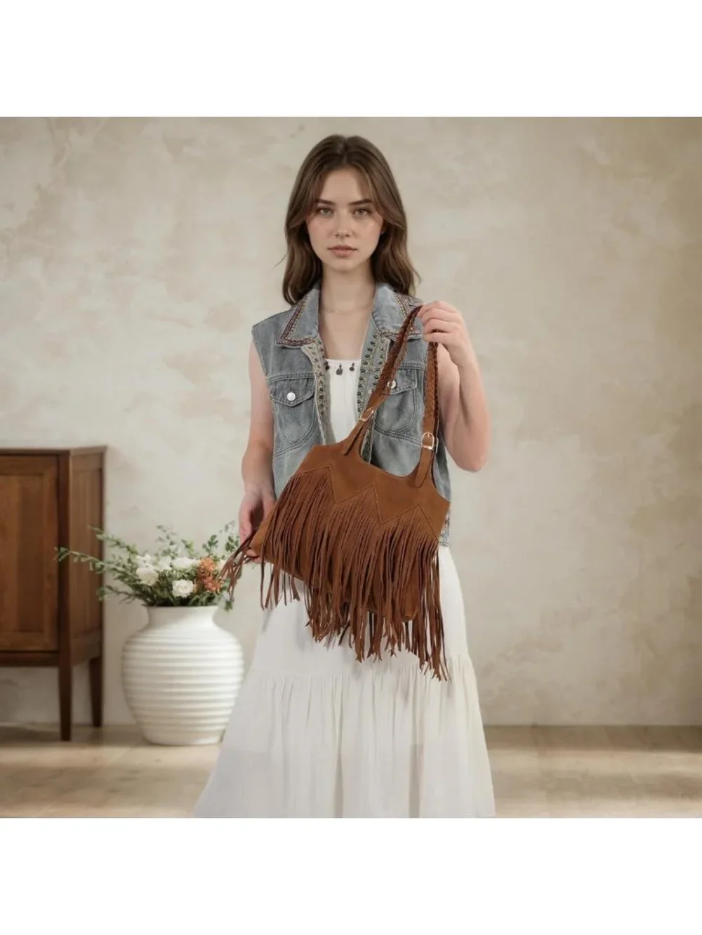 Chic Fringe Shoulder Bag for Women | Western Hobo Purse | Vegan Faux Suede
